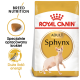 Torba z karmą dla kotów Royal Canin Sphynx Adult z ilustracją kota Sphynx, z tekstem podkreślającym odżywianie rasy i zawartość energii.