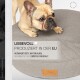 Ein beiges Hundebett mit einem ruhenden Französischen Bulldoggen und einem Etikett, das sagt "Liebevoll ♥ Produziert in der EU" und die Qualität der Materialien hervorhebt.