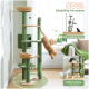 Ein grüner Katzenbaum mit Ebenen, einem Kratzbaum und einer springenden Katze, hebt eine Stabilitätssteigerung von 50% und ein Anti-Kipp-Gerät hervor.