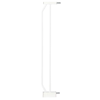 Weiße Metallverlängerung für Haustiertore, mit einem vertikalen Stabdesign und einem horizontalen oberen Balken sowie einer Montagehalterung am Boden.