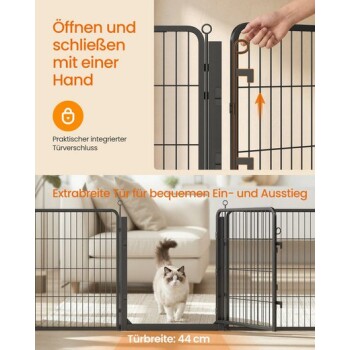Metall-Katzengitter mit Einhandriegel und geöffneter Tür; sichtbarer Text: „Öffnen und schließen mit einer Hand“; Türbreite: 44 cm.