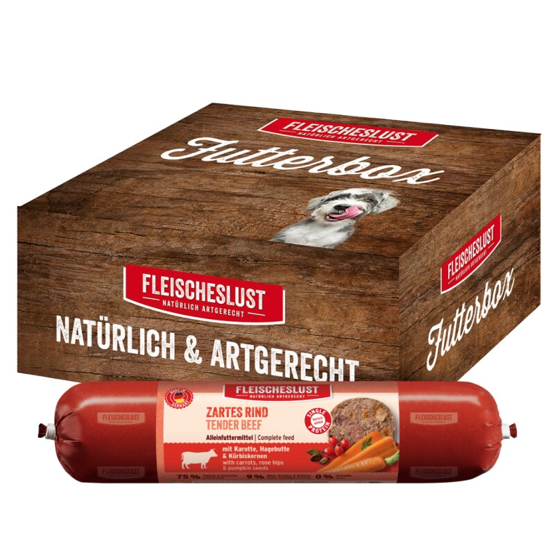 Fleischeslust Nassfutter Hund Adult Futterbox Rind, Karotte, Hagebutte & Kürbiskerne 8x400 g