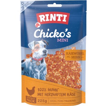 RINTI Chicko's Mini Hundesnack-Tüte mit Hundeillustration, Käse-und-Huhn-Würfel, 'KÄSEWÜRFEL MIT HUHN', 225 g.
