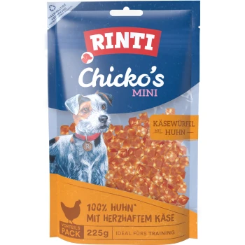 MINI Chicko´s Käsewürfel Huhn 225g RINTI Chicko's Mini Hundesnack-Tüte mit Hundeillustration, Käse-und-Huhn-Würfel, 'KÄSEWÜRFEL MIT HUHN', 225 g.
