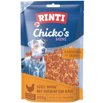 RINTI Chicko's Mini Hundesnack-Tüte mit Hundeillustration, Käse-und-Huhn-Würfel, 'KÄSEWÜRFEL MIT HUHN', 225 g.