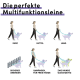 Illustration einer multifunktionalen Hundeleine mit einer Frau, die einen Hund führt, mit drei Längen und Optionen für sicheres Binden und freihändiges Benutzen.
