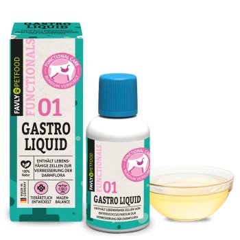 Flasche FAVLY Gastro Liquid für Haustiere, mit einem türkisfarbenen Deckel, neben einer kleinen Schüssel mit Flüssigkeit. Der Text enthält "01 GASTRO LIQUID" und "100% Natur."