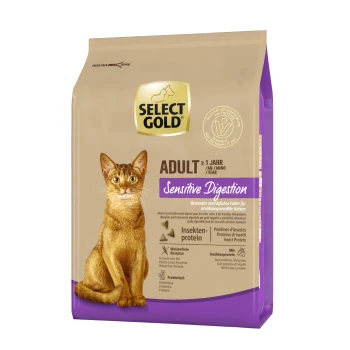 Sensitive Adult Insektenprotein 2.5 kg Verpackung für Katzenfutter mit einer braunen Katze auf der Vorderseite, beschriftet mit "SELECT GOLD ADULT Sensitive Digestion", mit Details zu Insektenprotein und Präbiotika.