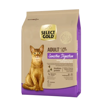 Cat food package featuring a brown cat on the front, labeled "SELECT GOLD ADULT Sensitive Digestion," with details on insect protein and prebiotics.