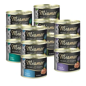 Feine Filets in Jelly Mixpaket 12x185g Dosen von Miamor Feine Filets Katzenfutter, mit Geschmacksrichtungen wie Thun & Reis, Thun & Garnelen und Thun & Calamari, mit einem Katzenbild.