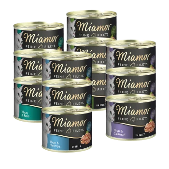 Dosen von Miamor Feine Filets Katzenfutter, mit Geschmacksrichtungen wie Thun & Reis, Thun & Garnelen und Thun & Calamari, mit einem Katzenbild.