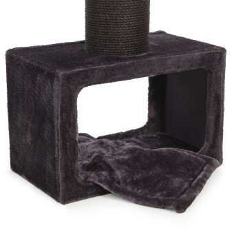 Ein dunkelgrauer Plüsch-Katzenbaum mit einem Kratzbaum und einem gemütlichen Versteck, mit einer weichen, abnehmbaren Decke im Inneren.