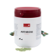 Weißer Behälter mit rotem Deckel, beschriftet mit „ARTHROSE 100% Natur“ von Herzenstier, Gelenknahrung für Hunde.