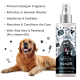 Golden Retriever liegt neben Bugalugs Best in Breed Cologne Sprühflasche mit aufgelisteten Produktvorteilen.