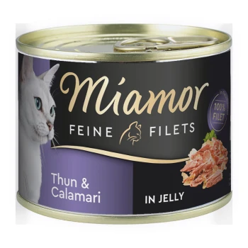 Dose Katzenfutter mit einer weißen Katze auf dem Etikett, beschriftet mit "Miamor Feine Filets Thun & Calamari in Jelly", mit "100 % Filet"-Text.