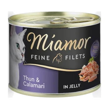 Dose Katzenfutter mit einer weißen Katze auf dem Etikett, beschriftet mit "Miamor Feine Filets Thun & Calamari in Jelly", mit "100 % Filet"-Text.