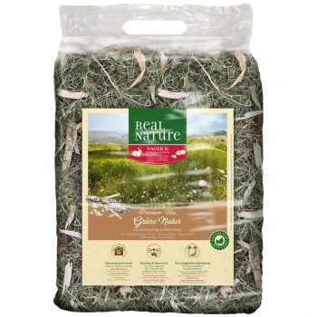 Eine klare Tüte mit grünem Heu, beschriftet mit "REAL NATURE NAGER & ZIERKANINCHEN", mit Symbolen für Premiumqualität und Eignung für Kleintiere.