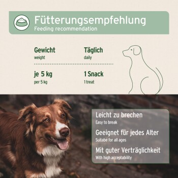 Hundefütterungstabelle mit Gewicht und Snackrichtlinien, mit Hinweisen auf einfache Brechbarkeit, geeignet für alle Altersgruppen und hohe Akzeptanz.