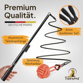 Haustierspielzeug in Premiumqualität mit einem Aluminium-Teleskopstiel, einem 6 mm haltbaren Seil und einem austauschbaren Spielzeugaufsatz, markiert von Tierhood.