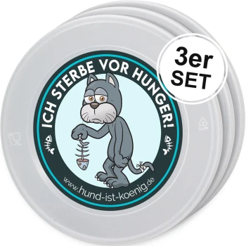 Cartoon-hafter grauer Hund, der ein Fischskelett hält, mit dem Text "ICH STERBE VOR HUNGER!" und "3er SET" auf einem Design für einen Haustiernapf.