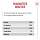 Pet food label 'Guaranteed Analysis' lists: Protein 10%, Fat 2.8%, Crude ash 1.5%, Crude fibres 1%, Moisture 85%