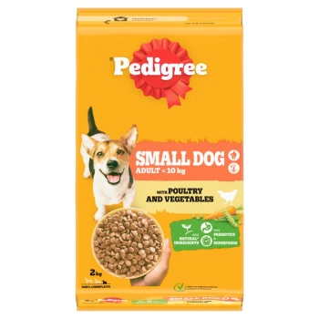 Pedigree dog food bag for small dogs, 2 kg, featuring a happy dog, with text highlighting "Small Dog Adult <10 kg" and "with Poultry and Vegetables."