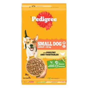 Pedigree dog food bag for small dogs, 2 kg, featuring a happy dog, with text highlighting "Small Dog Adult <10 kg" and "with Poultry and Vegetables."