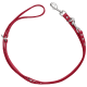 Rote Leder-Hundeleine mit einer Schlaufenhandhabung und einem Metallclip, mit silberner Hardware und dekorativen Nieten.