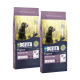 Zwei Tüten Bozita Hundefutter mit der Aufschrift "Senior & Vital," jede wiegt 12 kg, mit einem schwarzen Hund vor einem Naturhintergrund.