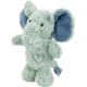 Soft, plush elephant toy in light green with blue ears, featuring a stitched heart on its belly.