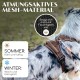 Ein Hund in einem atmungsaktiven braunen Netzgeschirr, mit sommerlichen ("Kühl und luftig") und winterlichen ("Weich und behaglich") Text-Highlights.