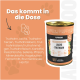 Dose Alphazoo Hundefutter mit Truthahn, Lachs, Gemüse und Obst, Zutaten auf Deutsch aufgeführt.