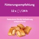 Fütterungsempfehlung: 12 x ️ / 24 h. Reduzieren Sie die Vollnahrung entsprechend. Das Bild zeigt Haustierleckereien auf einem rosa Hintergrund.
