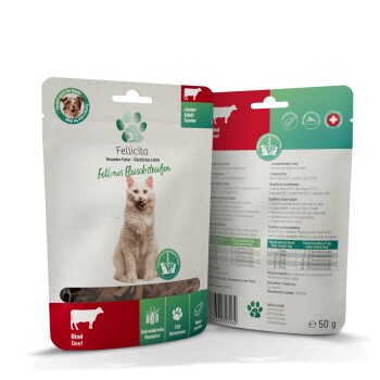 Fellicita Katzenleckerlis Verpackung (Vorder- und Rückseite) mit Katzenfoto, Fleischstreifen, 'Rind/Beef', 'Fellicita' und '50 g'.