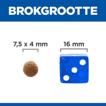Afbeelding die de grootte van een huisdier voedselbrokje (7,5 x 4 mm) vergelijkt met een blauwe dobbelsteen (16 mm), met de tekst 'BROKGROOTTE' bovenaan.