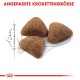 Drei dreieckige, braune Haustierfutterkroketten auf einer skizzierten Maßlinie, mit dem Text "ANGEPASSTE KROKETTENGRÖSSE" darüber.