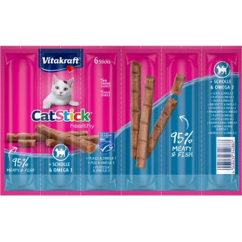 Cat-Stick mini 10 x 6 sztuk Gładzica i kwasy omega-3 Opakowanie Vitakraft CatStick pokazuje zabawną białą kotkę z 6 mięsno-rybnymi patyczkami, oznaczonymi 95% mięsa, bez zbóż i bez dodatku cukru.