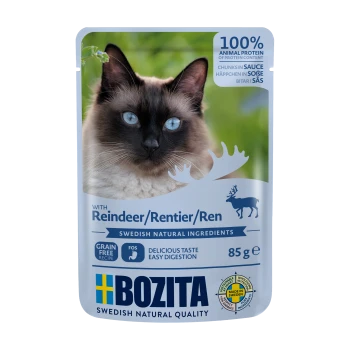 Katze Futterbeutel mit einer Siamkatze, beschriftet "Bozita mit Rentier," hebt 100% tierisches Protein, getreidefreies Rezept und leichte Verdauung hervor.