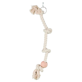 Ein beiges Baumwollseilspielzeug für Haustiere, mit einem geknoteten Design, einem Holzball und ausgefransten Enden, ideal zum Kauen und Spielen.