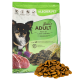 Hundefutterbeutel beschriftet mit "Josie's ADULT" mit einem Chihuahua-Bild, mit "Reich an Lamm und Reis", geeignet für allergieanfällige Hunde.