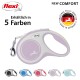 Eine flexi Hundeleine in Lavendel mit einem weißen Griff, beschriftet mit 'NEW COMFORT', erhältlich in 5 Farben. Mit einem Logo und einem deutschen Qualitätsabzeichen.