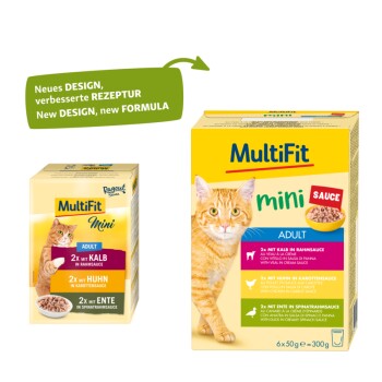MultiFit mini kattenvoer verpakking toont een speelse oranje kat en benadrukt smaken: rundvlees, kip en eend in saus. Nieuw ontwerp opgemerkt.