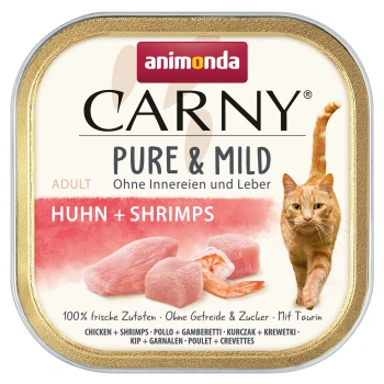 Boîte de nourriture pour chat présentant une boîte dorée étiquetée "animonda CARNY PURE & MILD" avec "Huhn + Shrimps" et une image de chat.