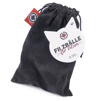 Schwarze Zugtasche mit sechs Filzkugeln für Katzen, beschriftet mit 'Filzbälle für Katzen' und einem katzenförmigen Anhänger.