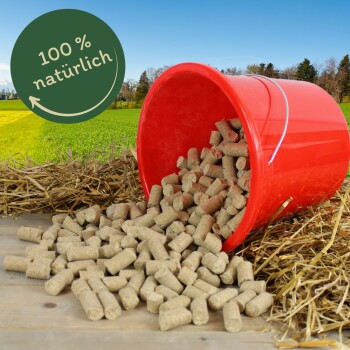 Roter Eimer, aus dem braune Tierpellets auf Holz und Stroh verschüttet sind, grüner Feldhintergrund; rundes Siegel mit der Aufschrift '100% natürlich'.