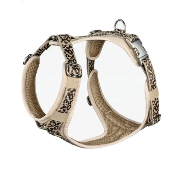 Beiges gepolstertes Hundegeschirr mit Riemen im Leopardenmuster, Metallschnalle und D‑Ring, atmungsaktivem Mesh-Futter.