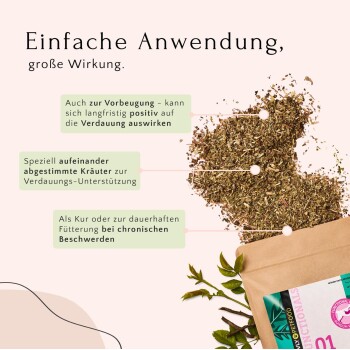 Kräutermischung für die Verdauung von Haustieren, mit Text, der die Vorteile zur Prävention und bei chronischen Problemen hervorhebt, auf einem hellen Hintergrund dargestellt.