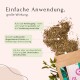 Kräutermischung für die Verdauung von Haustieren, mit Text, der die Vorteile zur Prävention und bei chronischen Problemen hervorhebt, auf einem hellen Hintergrund dargestellt.