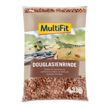 Eine Tüte MultiFit Douglasienrinde, 4,2 kg, mit Bildern von Eidechsen und Fröschen auf der Vorderseite, mit Text in mehreren Sprachen.