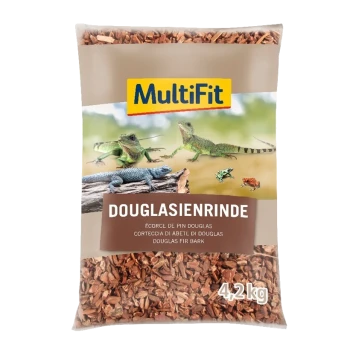 Eine Tüte MultiFit Douglasienrinde, 4,2 kg, mit Bildern von Eidechsen und Fröschen auf der Vorderseite, mit Text in mehreren Sprachen.